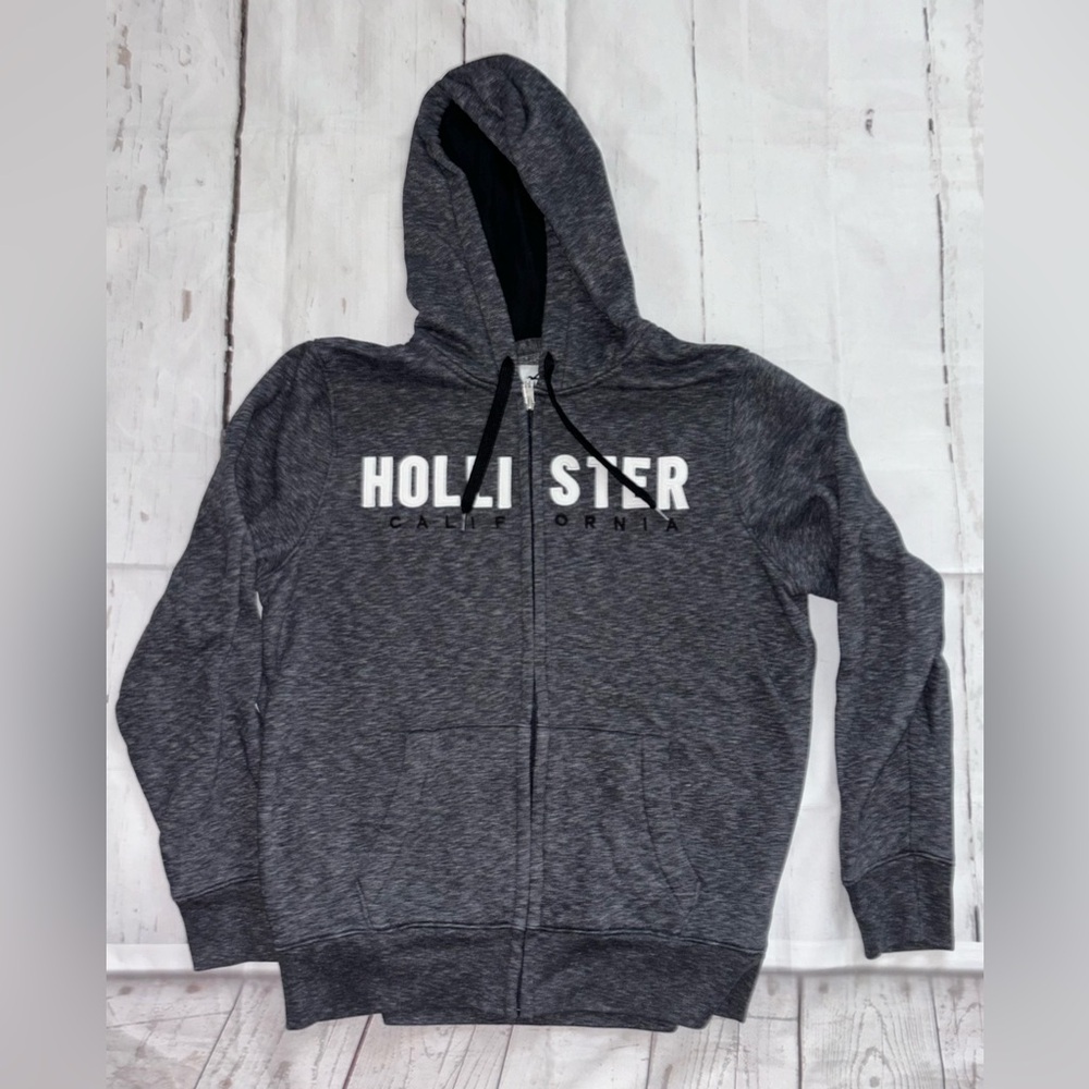 Hollister Logo Size L Heather Gray Black Full Zip Hoodie